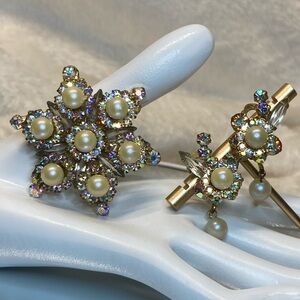 VINTAGE JULIANA D&E AB RHINESTONE FAUX PEARL STAR BROOCH PIN & EARRING SET #786
